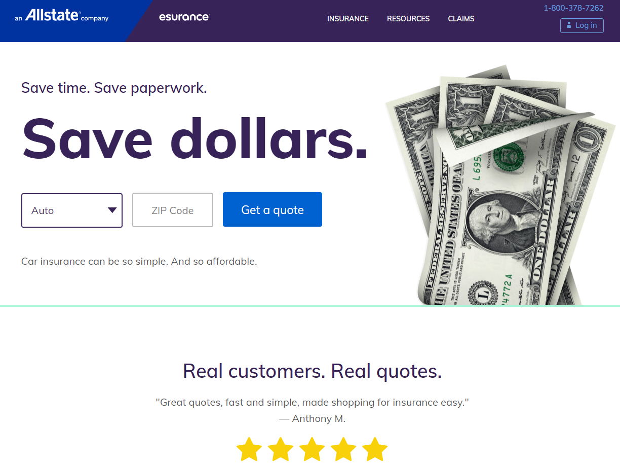 Esurance vs. Progressive Auto Insurance: Esurance Homepage